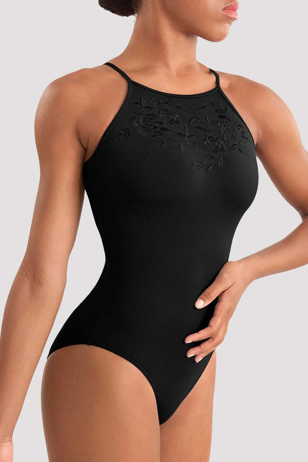 Close-up of floral embroidery on Bloch Mirella Adagio Halterneck Leotard in Black