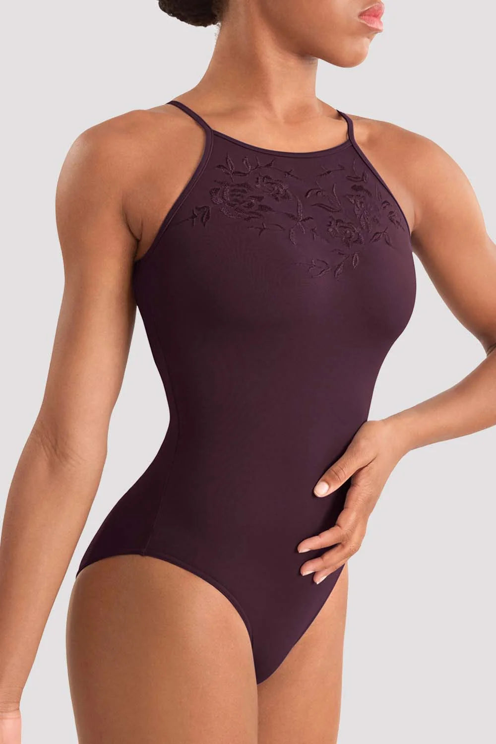 Close-up of floral embroidery on Bloch Mirella Adagio Halterneck Leotard in Merlot