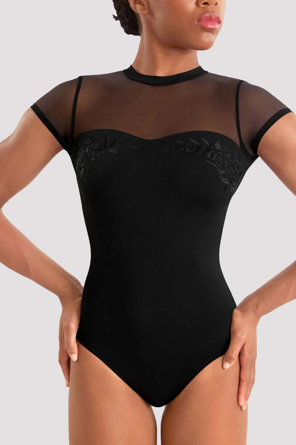 Close-up of floral embroidery on Bloch Mirella Adagio Open Back Leotard in Black