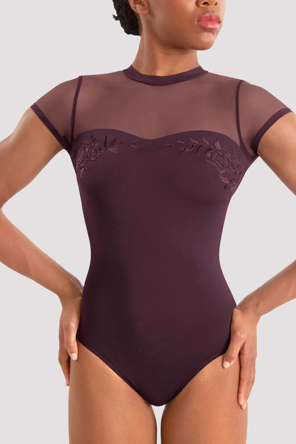 Close-up of floral embroidery on Bloch Mirella Adagio Open Back Leotard in Merlot