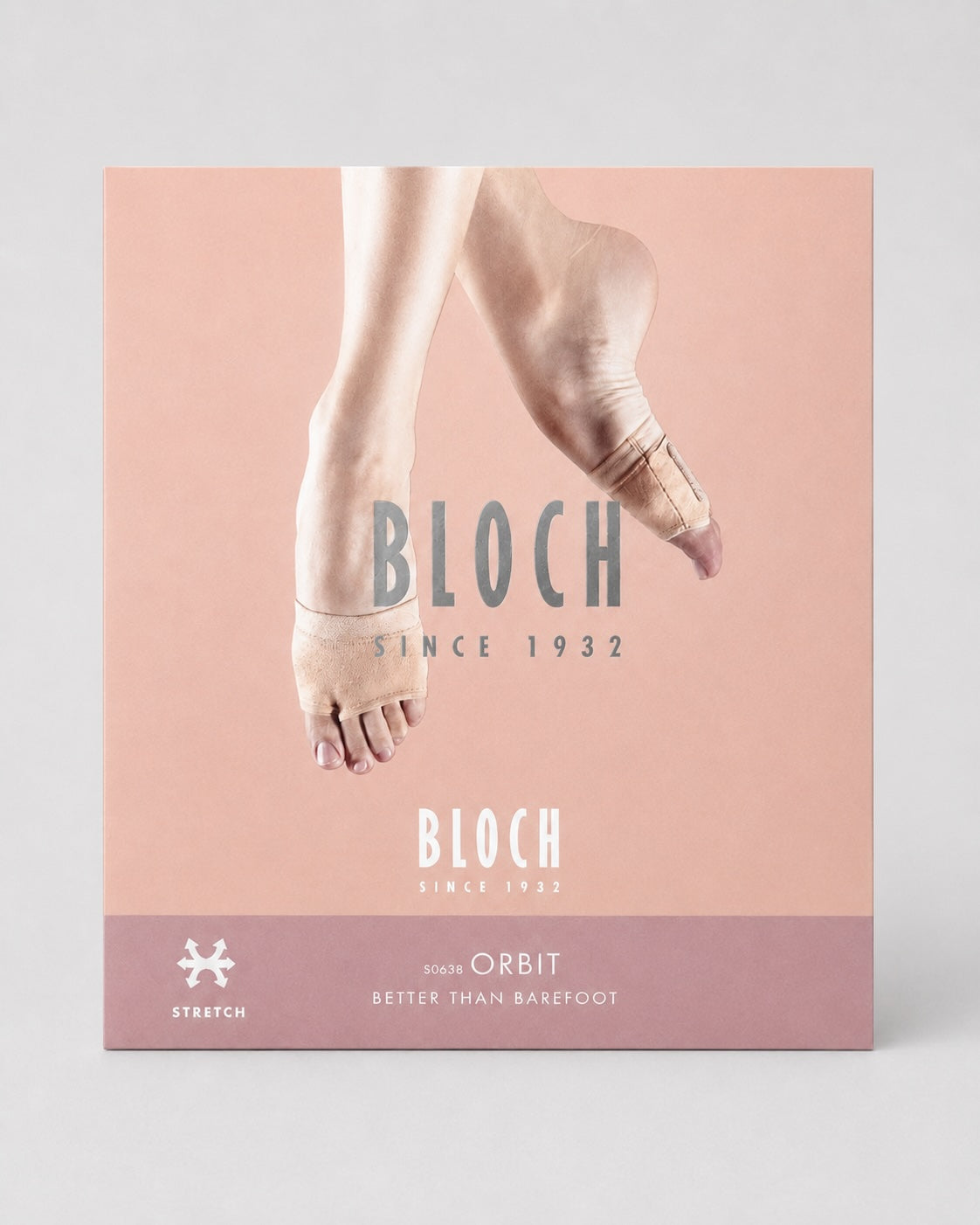 Bloch Orbit foot glove packaging for stretch canvas dance foot gloves in nude pink colour