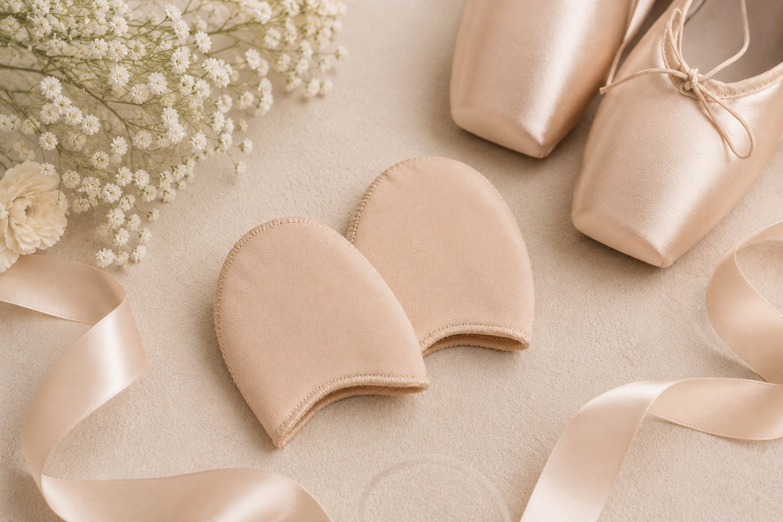 Bloch Prima Pro Pointe Shoe Toe Pads A910 styled with satin ribbons, pointe shoes and delicate flowers in an elegant ballet-inspired flat lay.