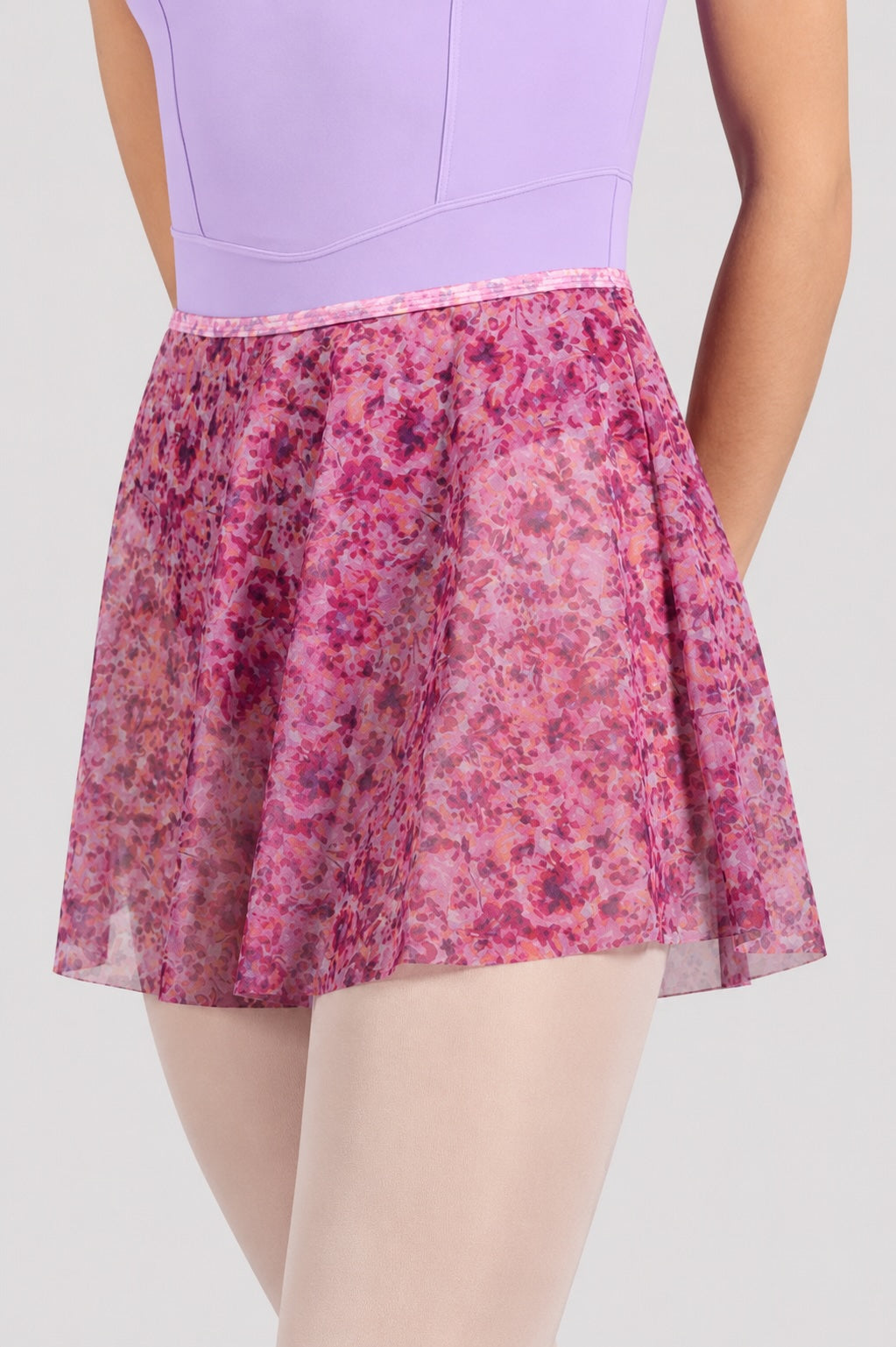 Close-up of Bloch R0241 Bell Flower floral ballet skirt showing printed mesh fabric and waistband detail