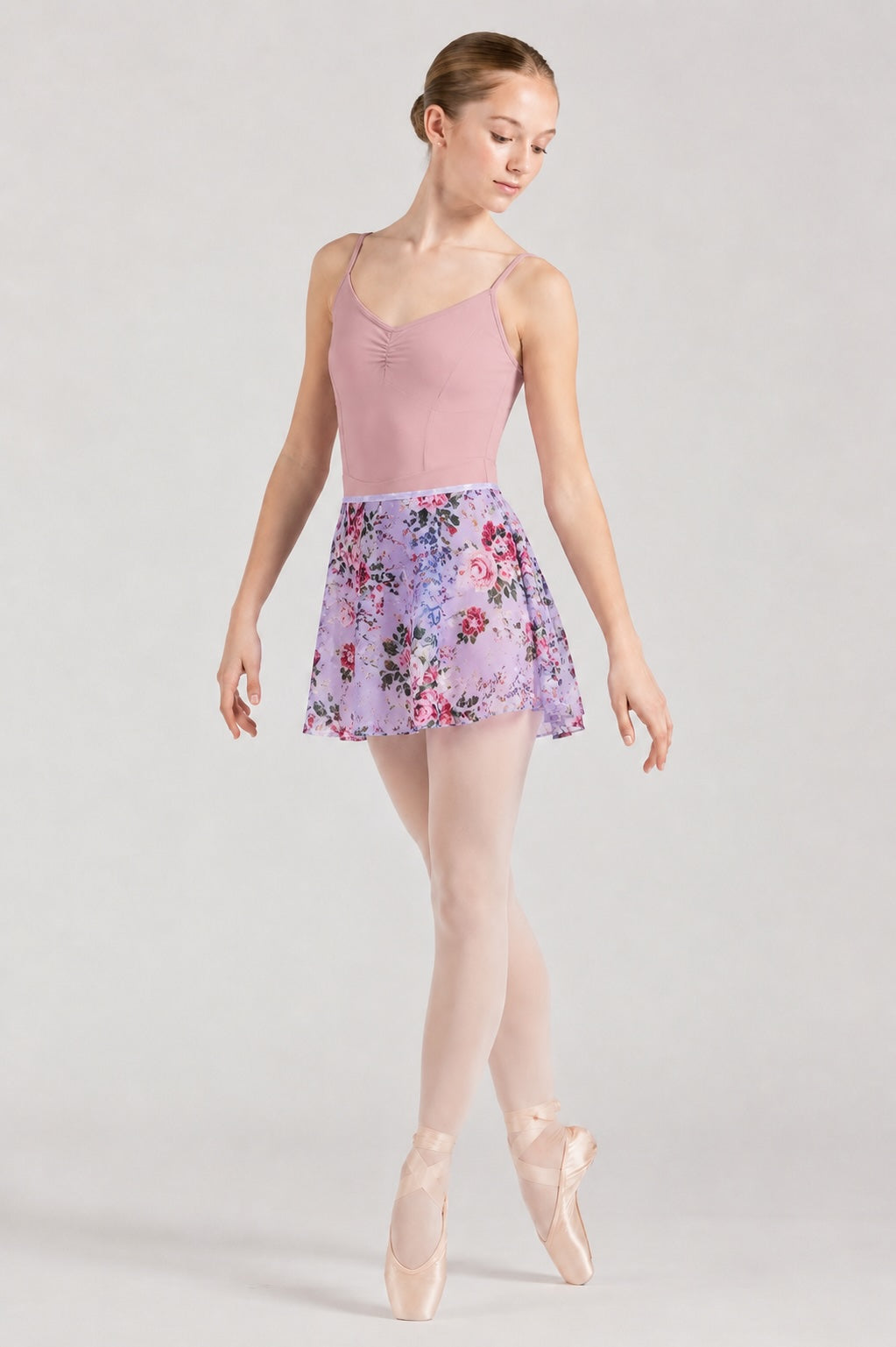 Bloch R0241 Bouquet floral ballet skirt worn with dusty pink ballet leotard