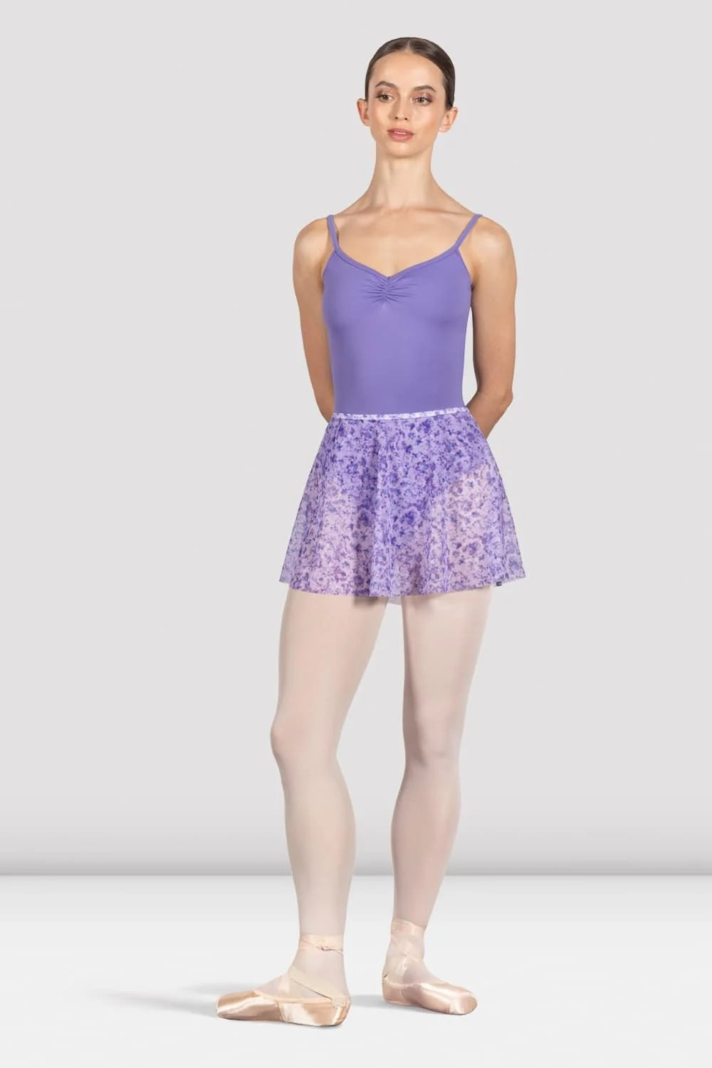 Bloch R0241 Lilac Haze floral ballet skirt front view with lilac leotard