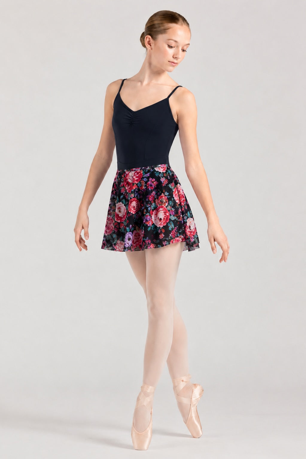 Bloch R0241 Rose floral ballet skirt worn with navy ballet leotard
