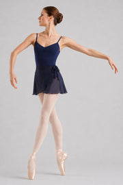 Ballet dancer wearing Bloch R5130 navy georgette ballet wrap skirt and navy leotard