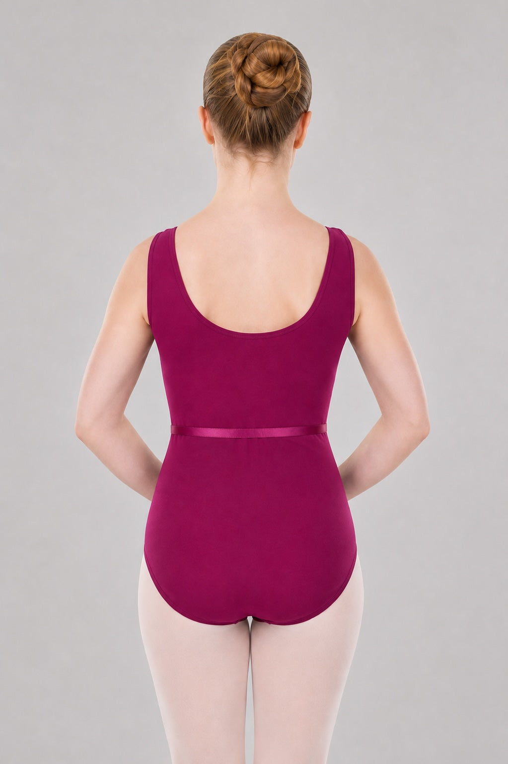 Back view of Bloch RAD Approved Leotard with Belt BU102L in mulberry