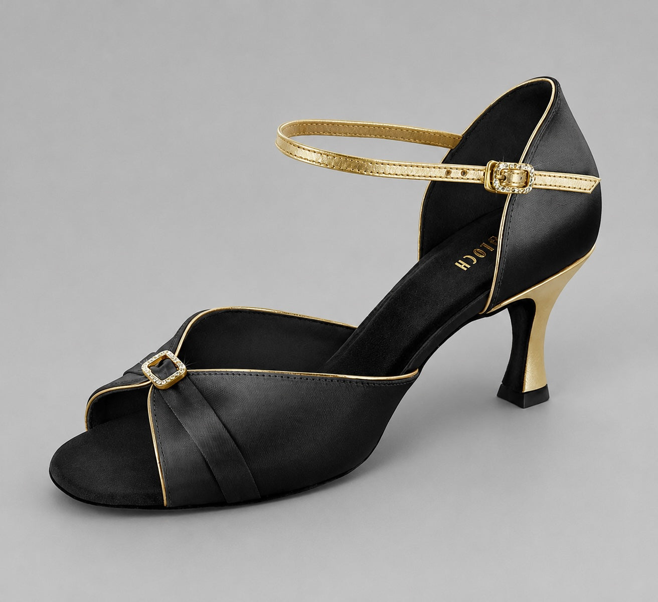 Bloch S0833SA black and gold ballroom dance shoe with diamante buckle detail.