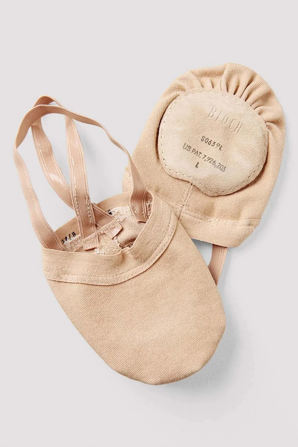 Bloch Spin II half sole dance shoe in nude stretch canvas showing suede sole and elastic straps