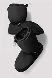 Pair of black Bloch IM009B warm-up booties with adjustable ankle straps and drawstring cuffs