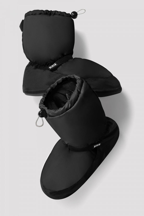 Pair of black Bloch IM009B warm-up booties with adjustable ankle straps and drawstring cuffs