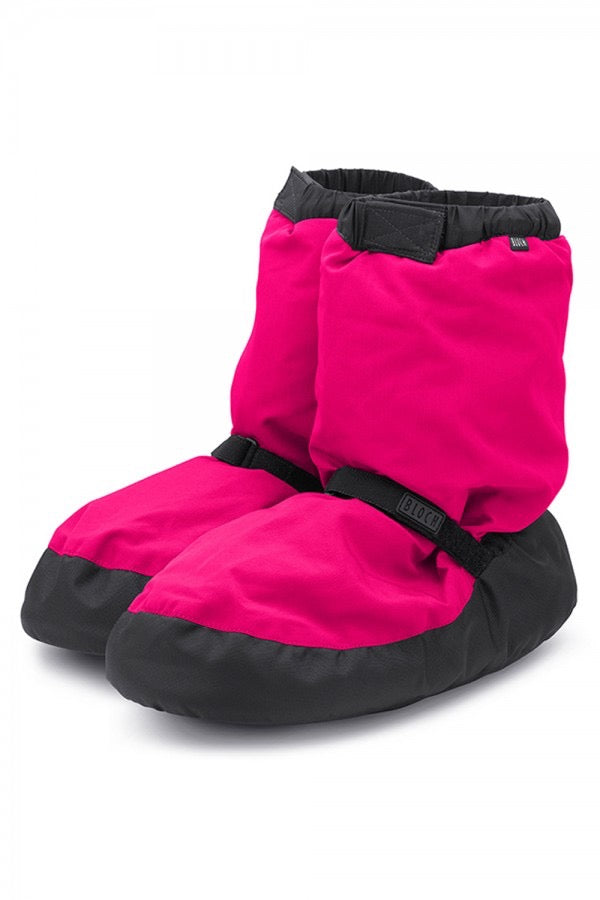 Pair of hot pink Bloch IM009B warm-up booties with adjustable ankle straps and drawstring cuffs
