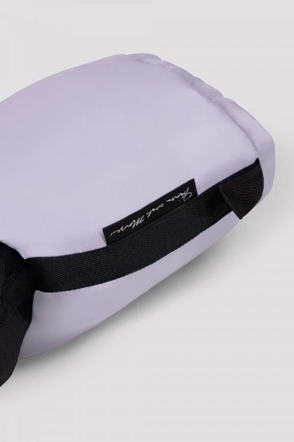 Close-up of lilac Bloch IM009B warm-up bootie showing padded fabric and Irina and Max label