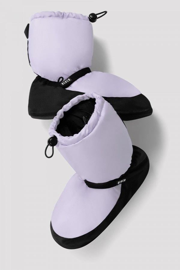 Pair of lilac Bloch IM009B warm-up booties with adjustable ankle straps and drawstring cuffs