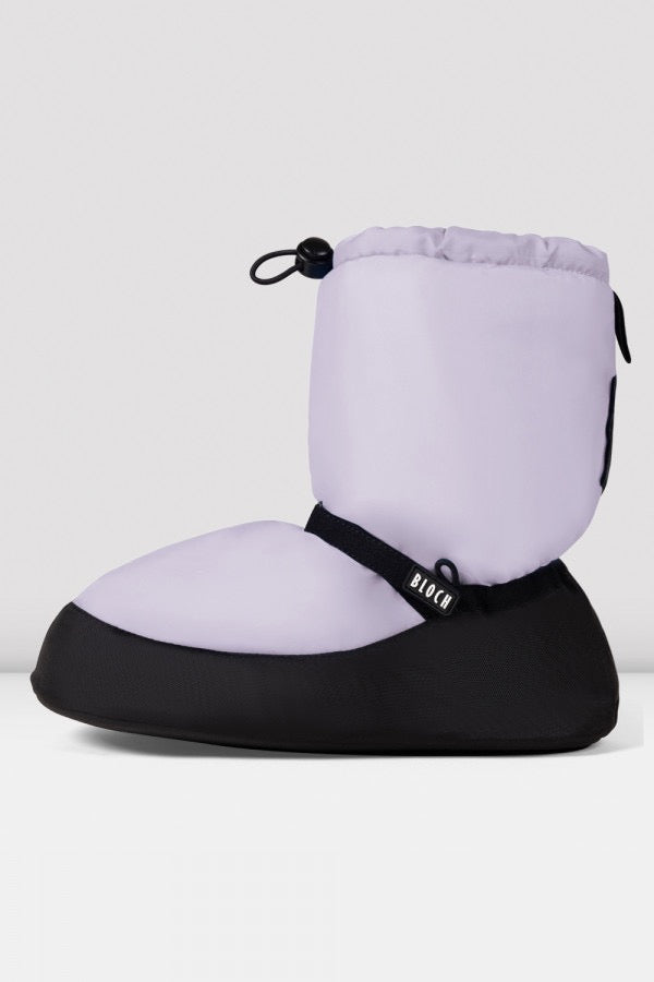 Lilac Bloch IM009B warm-up bootie shown from the side with logo ankle strap
