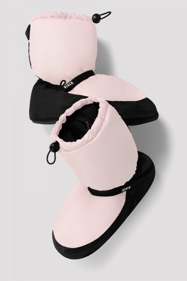 Pair of pink Bloch IM009B warm-up booties with adjustable ankle straps and drawstring cuffs