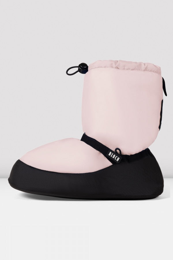 Pink Bloch IM009B warm-up bootie shown from the side with logo ankle strap