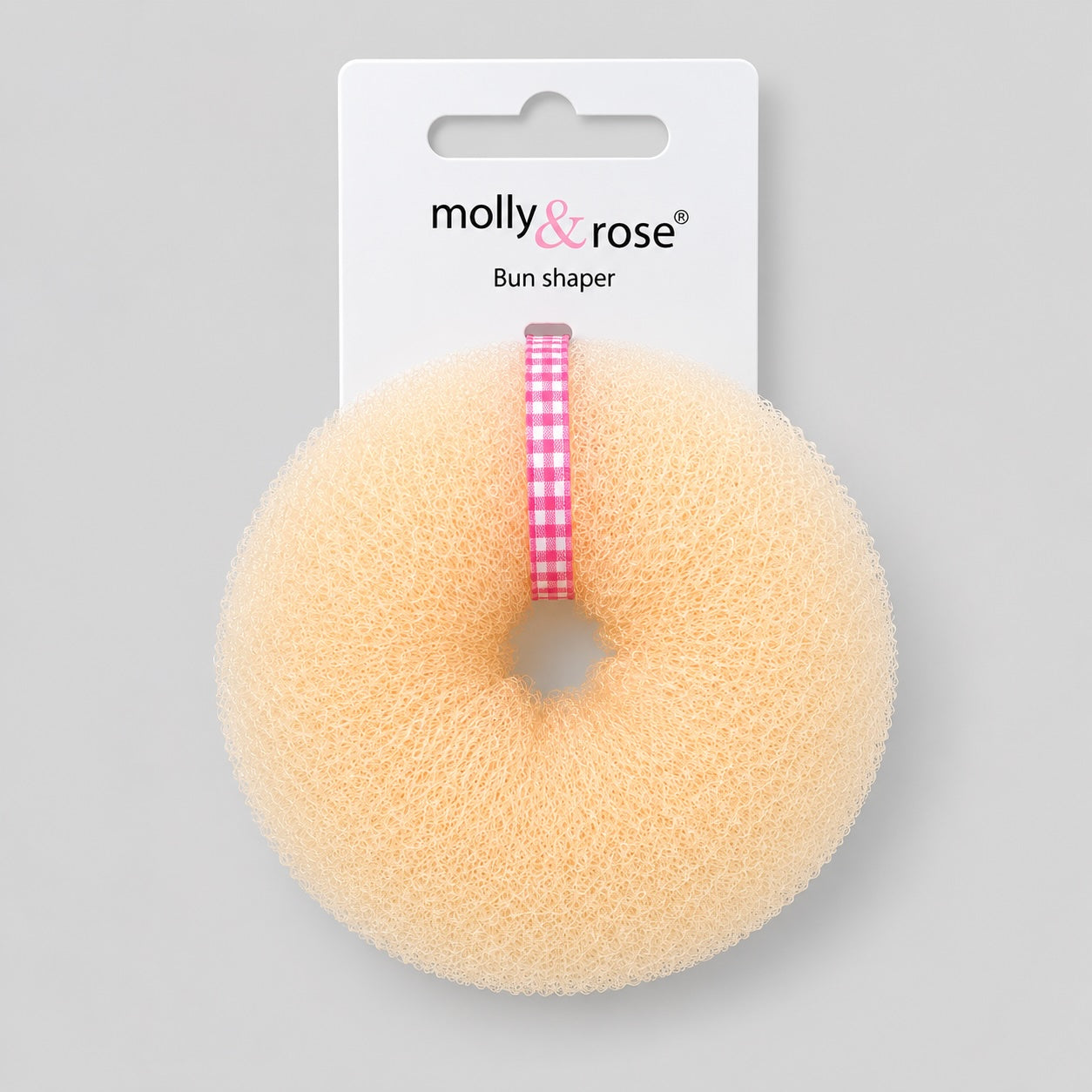 Blonde Molly Rose ballet bun doughnut hair accessory with packaging on light grey background