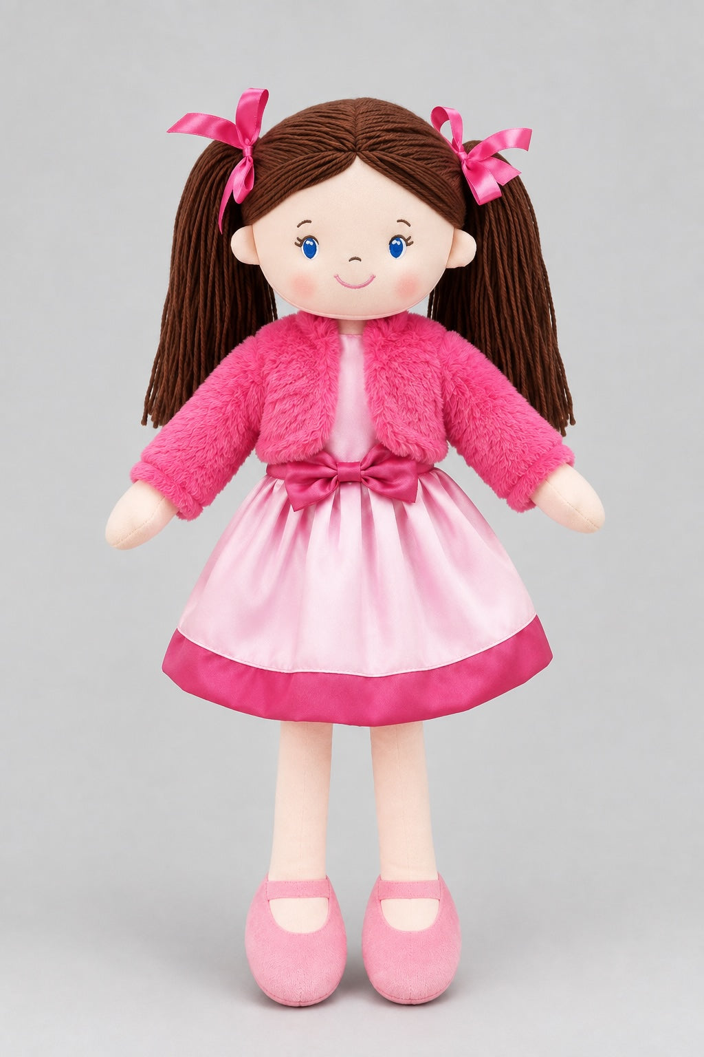 Brunette 50cm ballerina rag doll in pink dress and fluffy jacket – The Dance Shop of Ireland