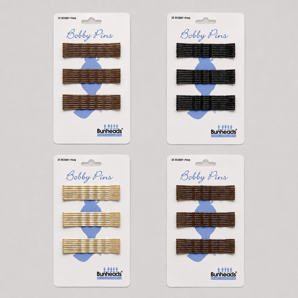 “Bunheads ballet bobby pins in black, blonde, light brown and dark brown colour options”