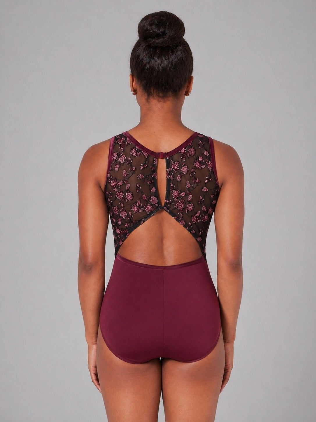 Capezio Allure Windsor Wine ballet leotard with floral mesh back and cut-out detail, back view on dancer