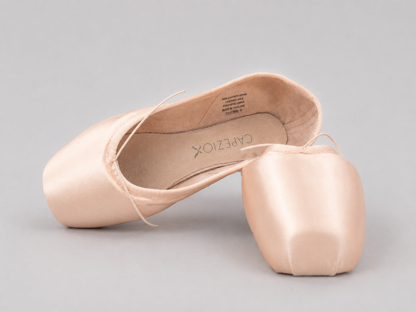 Capezio Ava Pointe Shoes 1141W in petal pink satin showing the broad toe box and platform