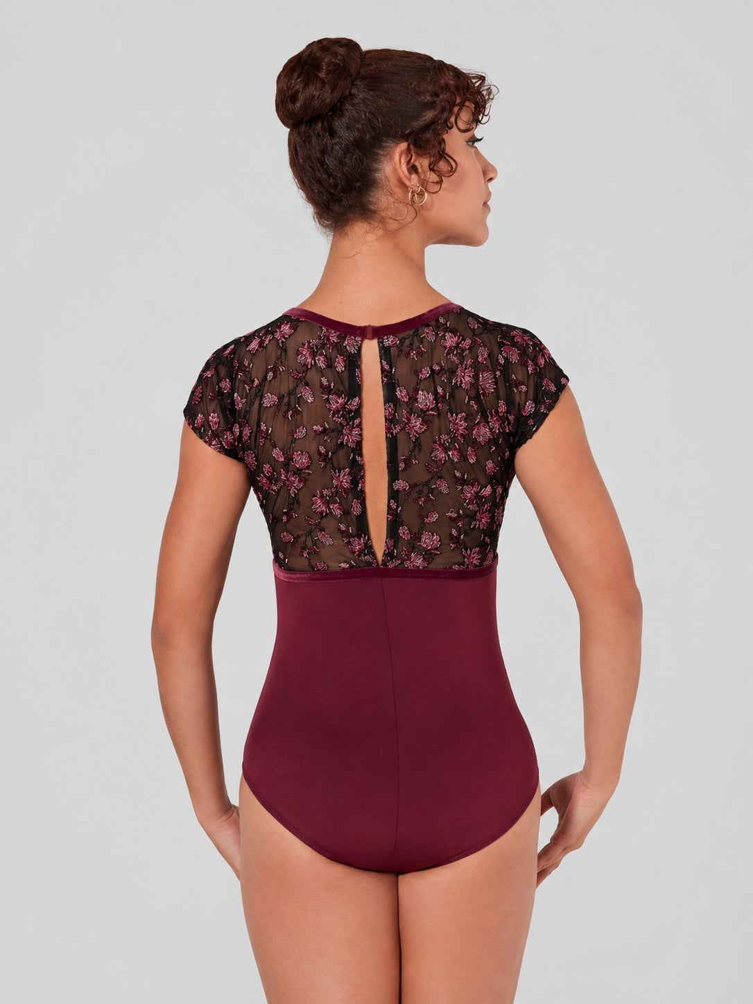 Capezio ballet leotard wine ornate romance worn back floral mesh lace detail ballet bun