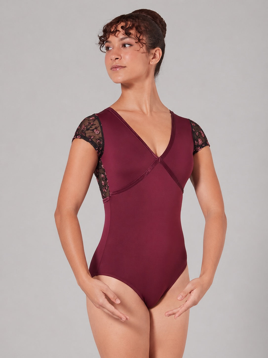 Capezio ballet leotard wine ornate romance worn front floral mesh lace detail ballet bun