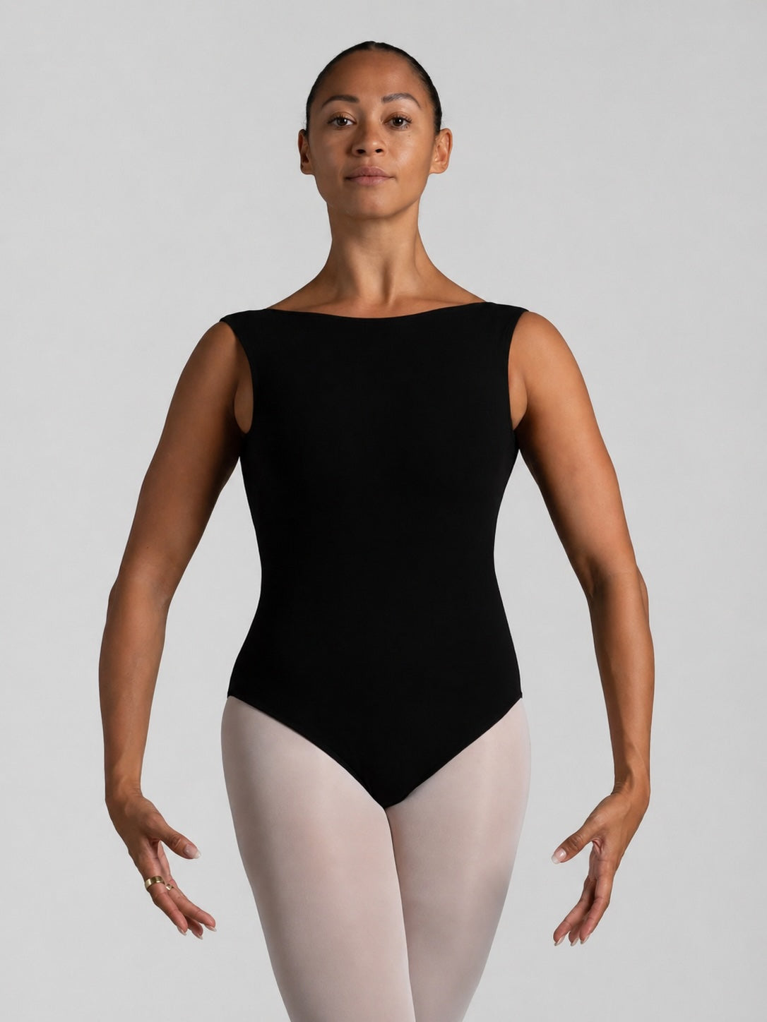 Capezio ENB Grace black ballet leotard front view boat neckline