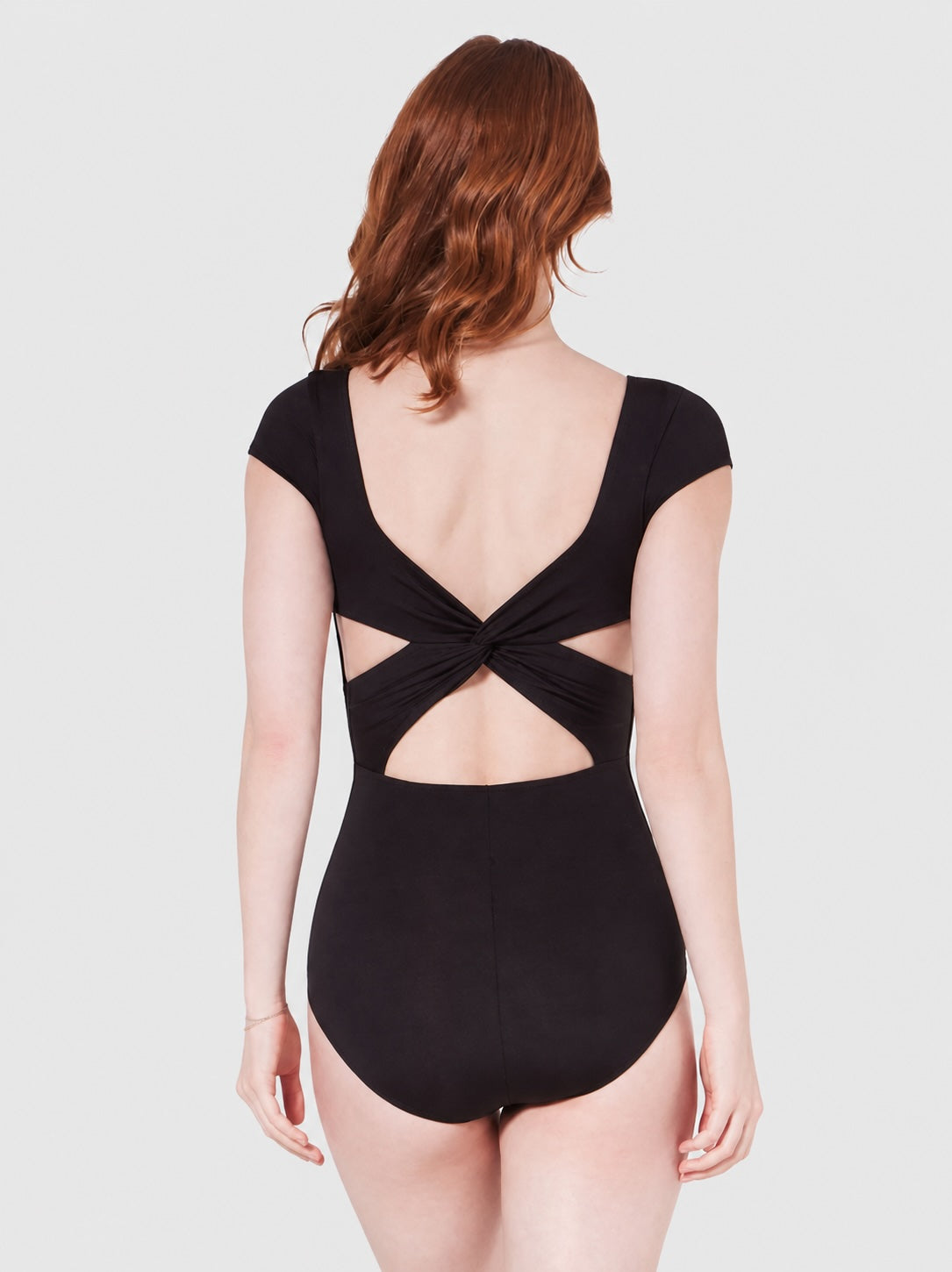 Ladies black ballet leotard back view with twist detail Capezio Portoro cap sleeve