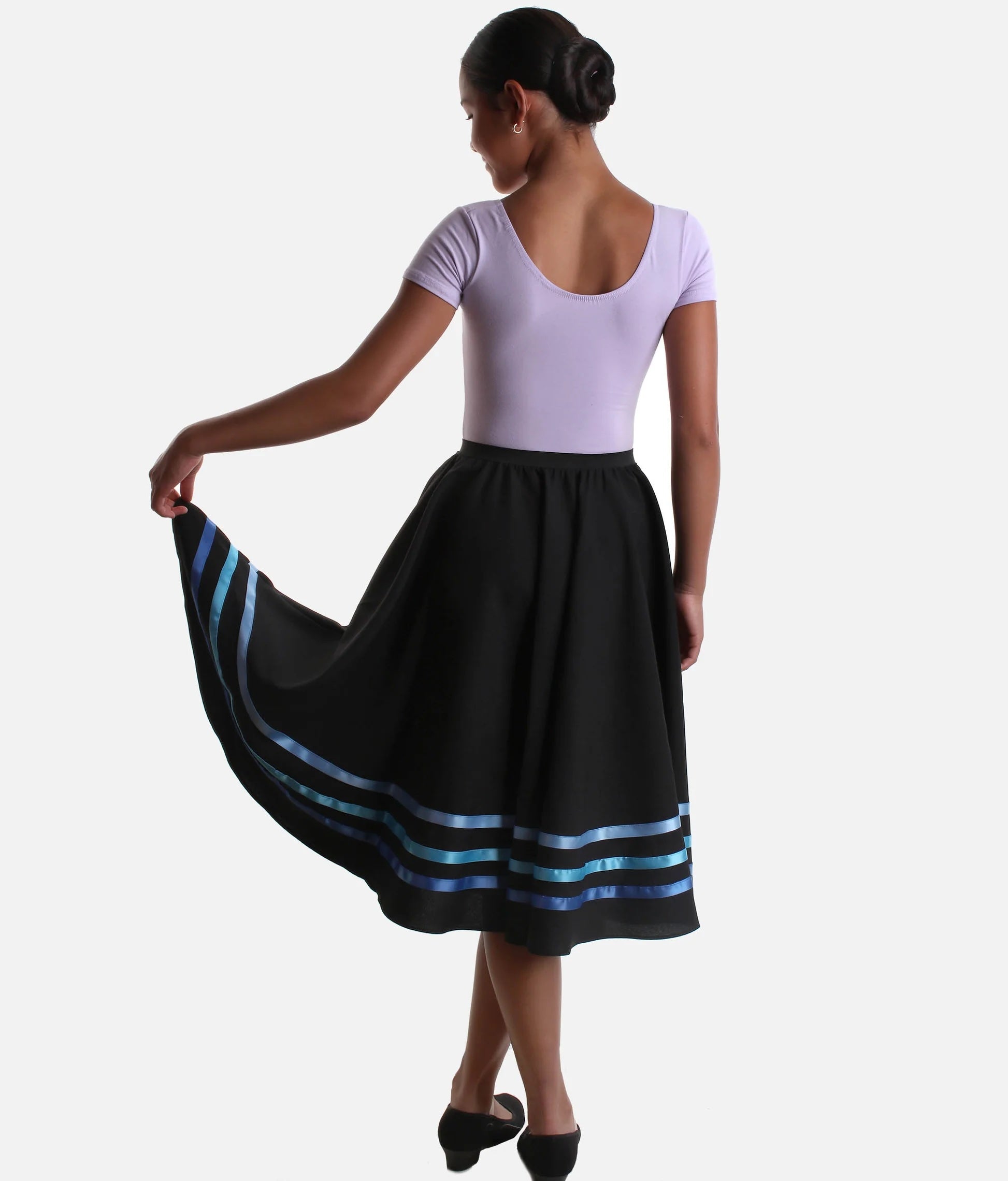 Blue RAD & ISTD approved character dance skirt back view as worn by dancer