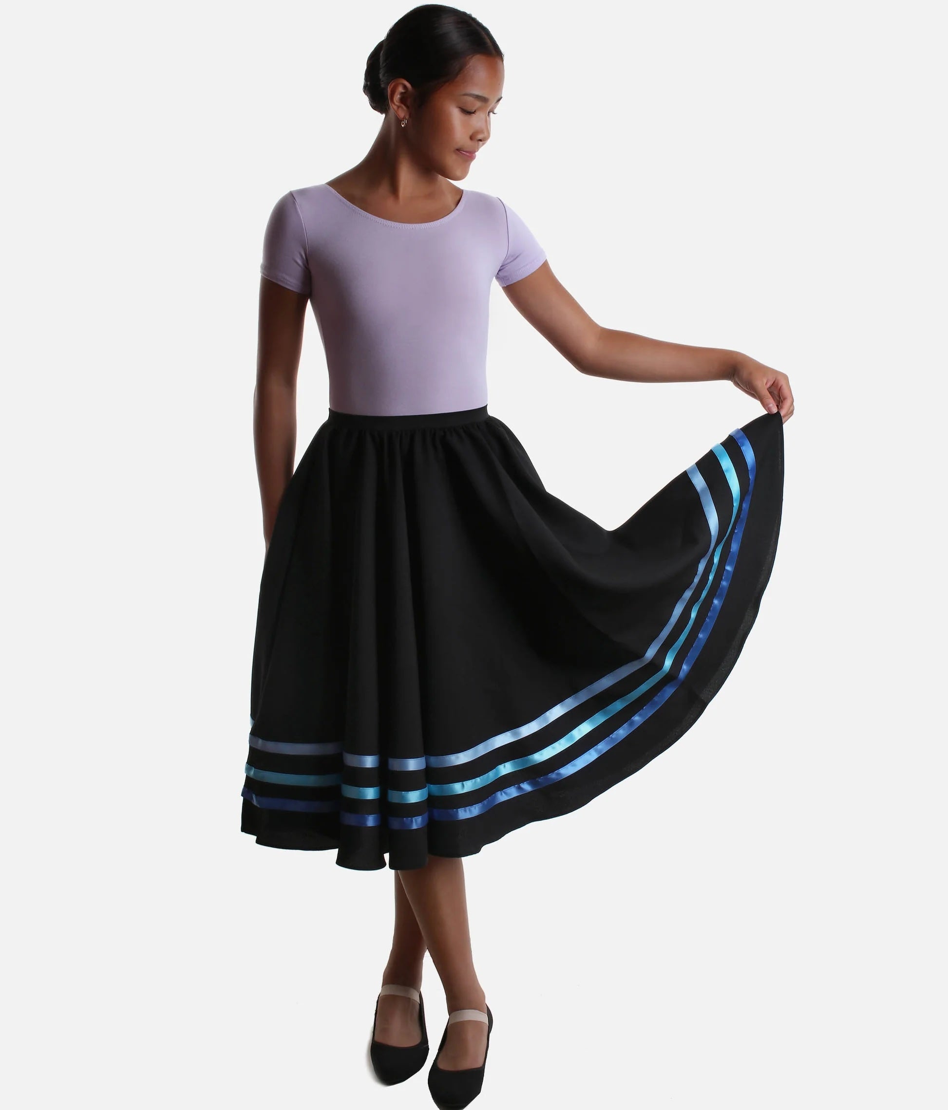 Blue RAD & ISTD approved character dance skirt front view as worn by dancer