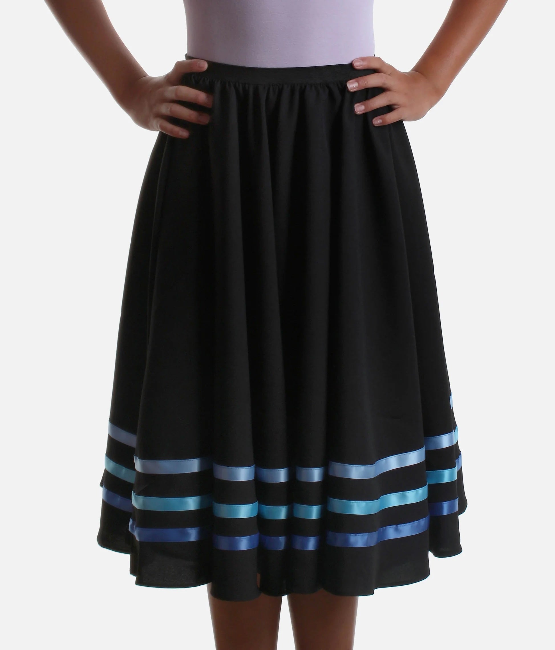 Blue RAD & ISTD approved character dance skirt front view with hands on hips