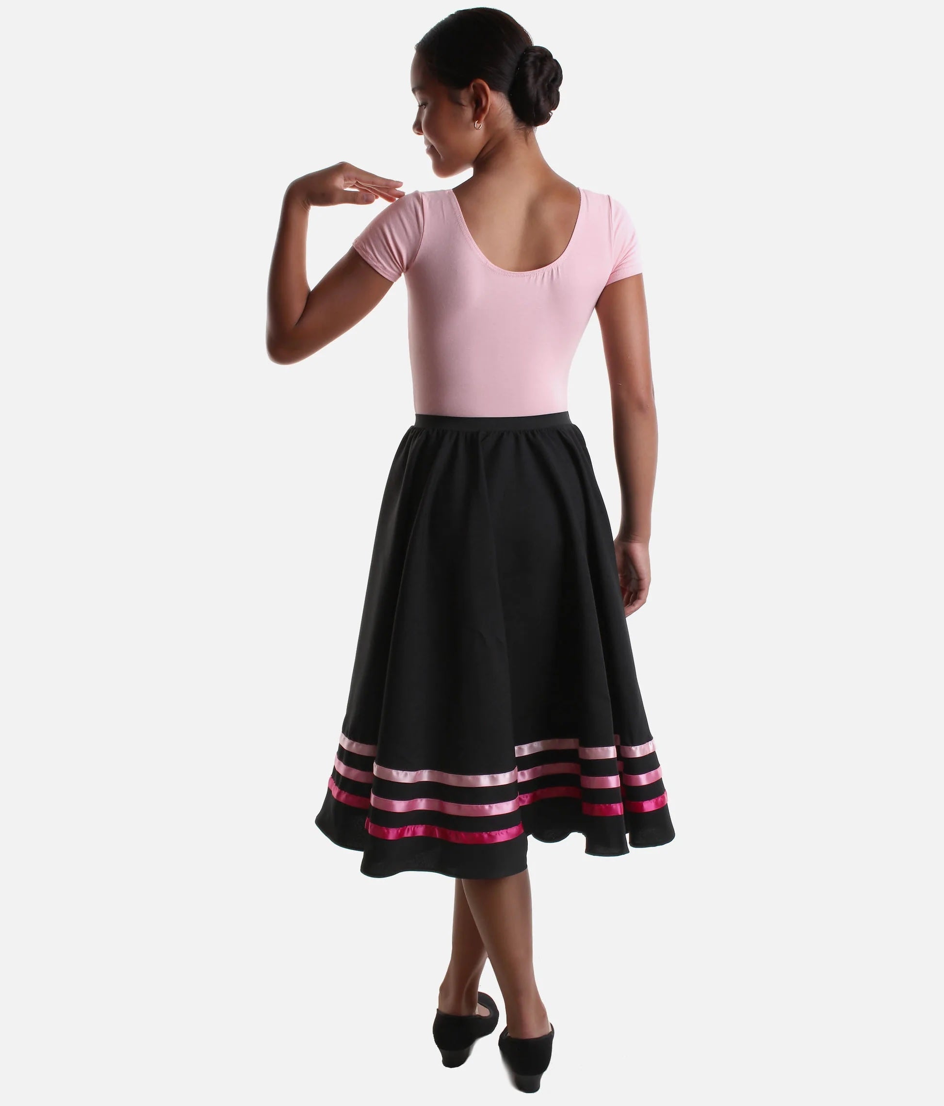 Pink RAD & ISTD approved character dance skirt back view as worn by dancer