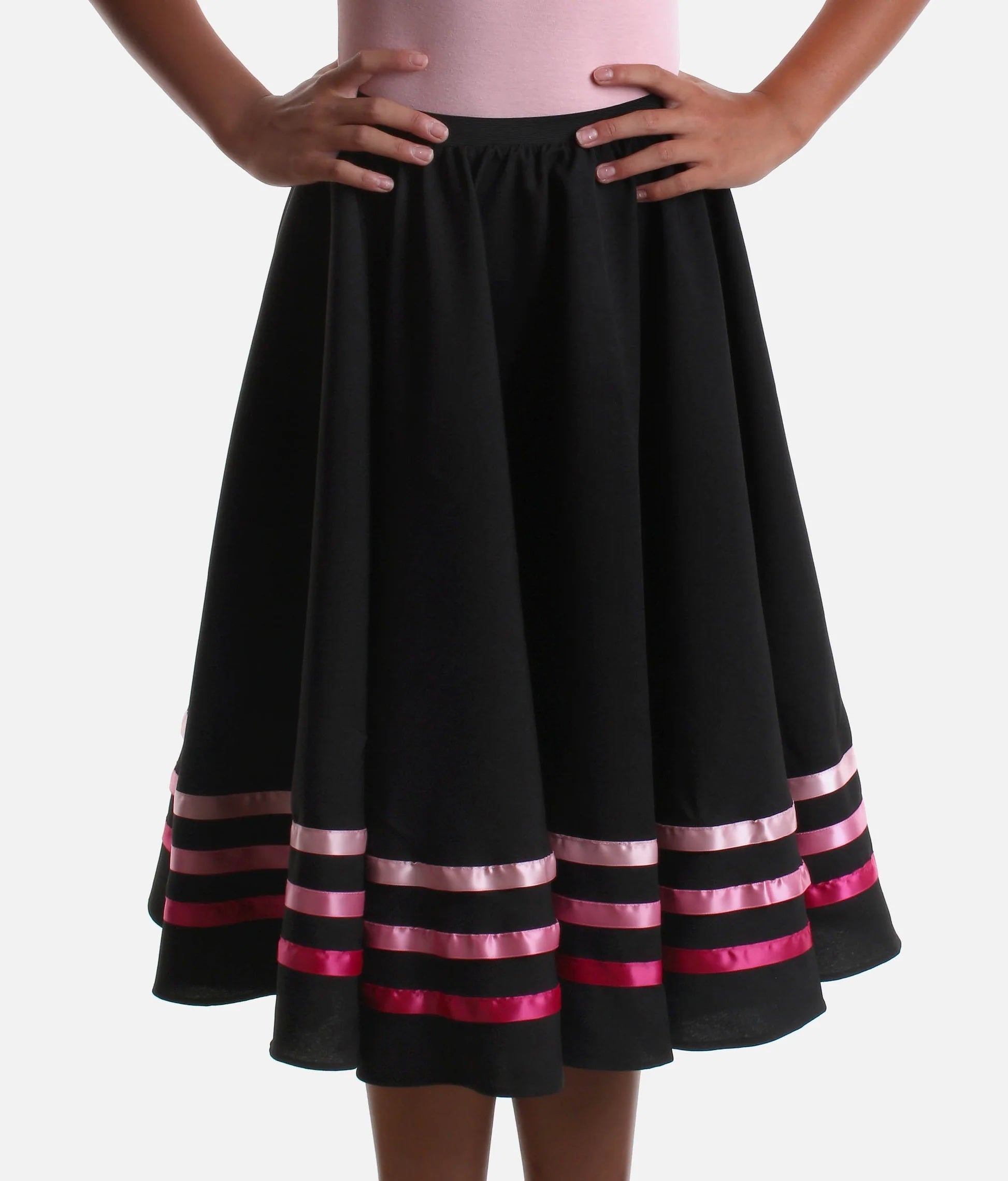 Pink RAD & ISTD approved character dance skirt front view with hands on hips