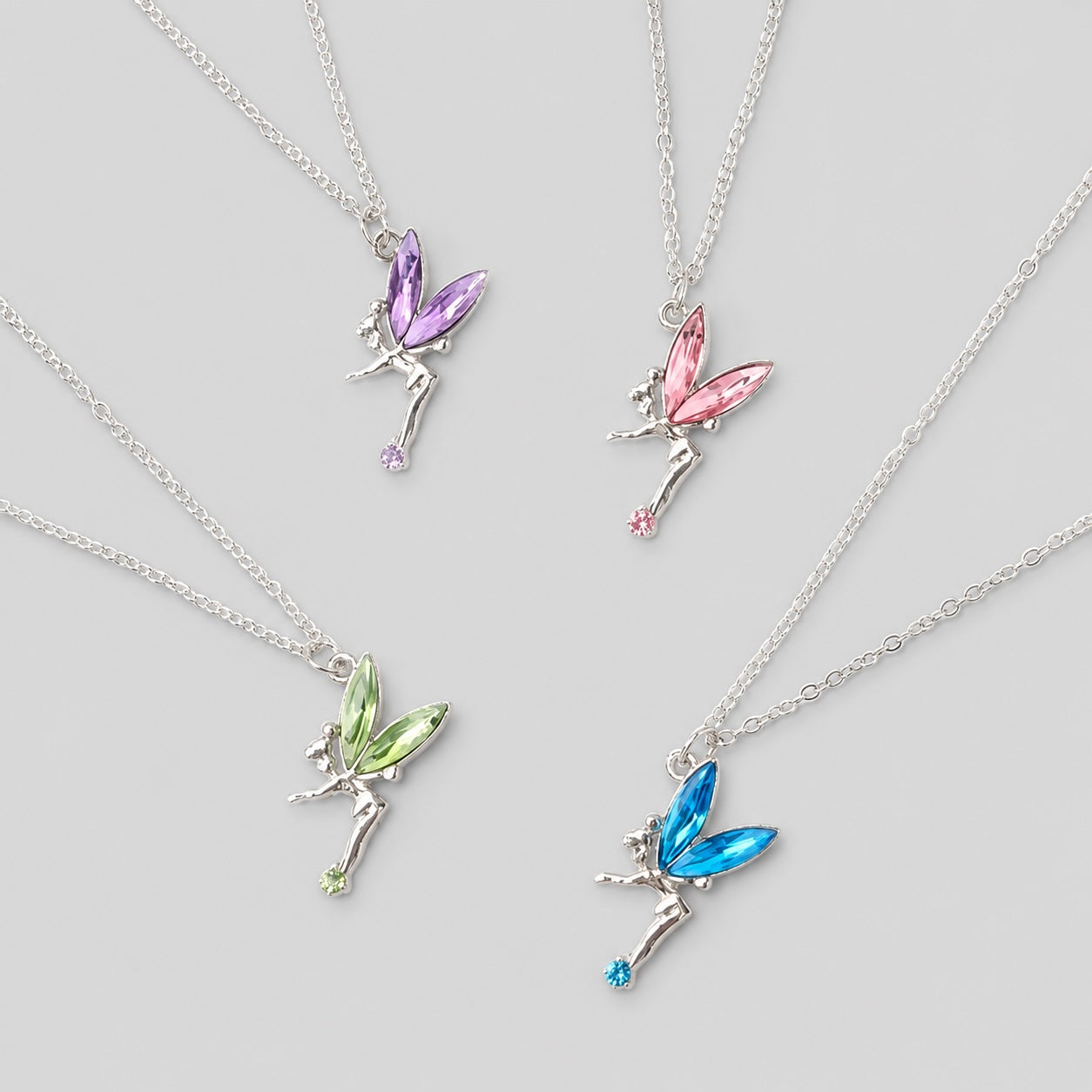 Crystal fairy pendant necklaces for girls in pink, lilac, blue and green