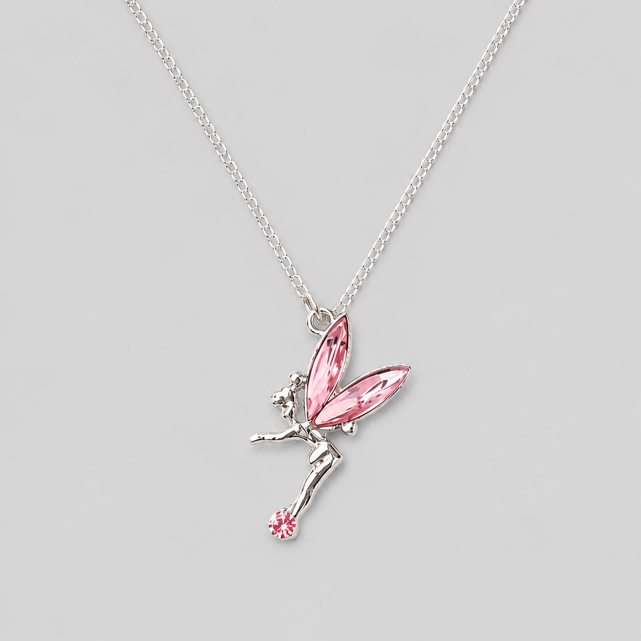 Pink crystal fairy pendant necklace for girls with silver colour chain