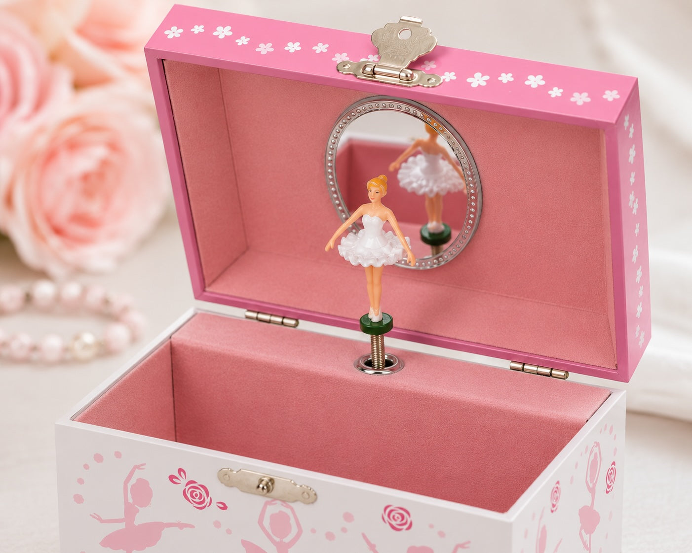 Close up of dancing ballerinas artwork on pink musical jewellery box