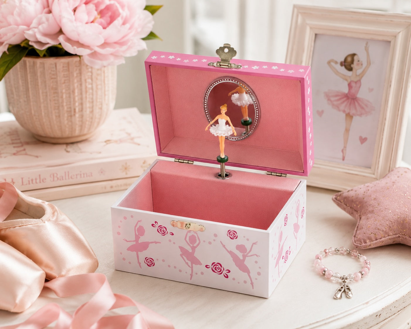 Dancing ballerinas musical jewellery box styled in a ballet-themed bedroom