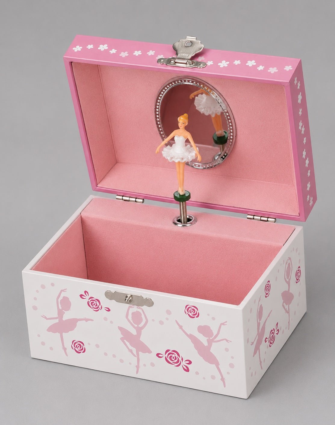 Open dancing ballerinas musical jewellery box with twirling ballerina and safety mirror