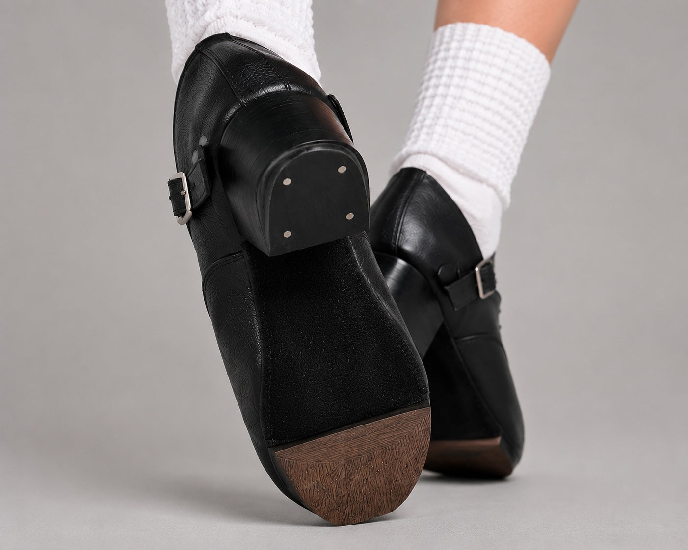 Close-up sole detail of Antonio Pacelli essential beginner jig shoes worn with Irish dance socks