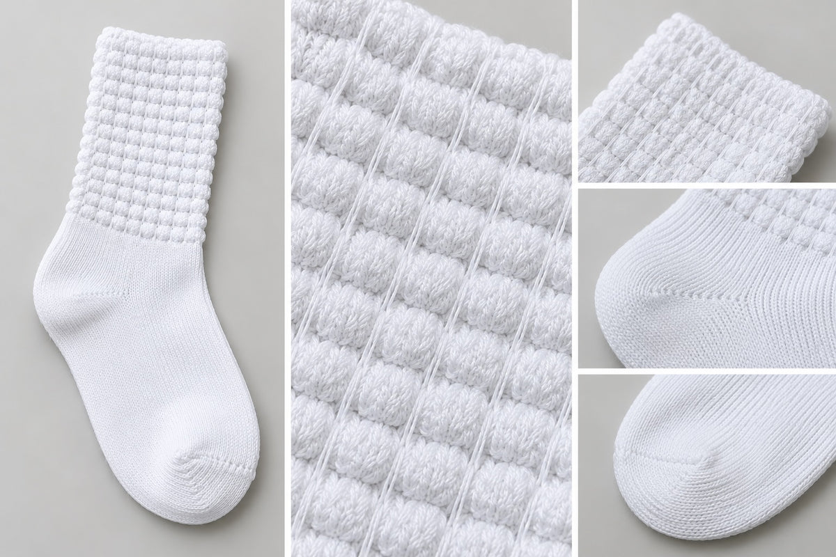 Feis Sock white cotton poodle socks product collage showing the full sock, textured poodle knit, flat toe seam and close-up fabric details for Irish dancing.