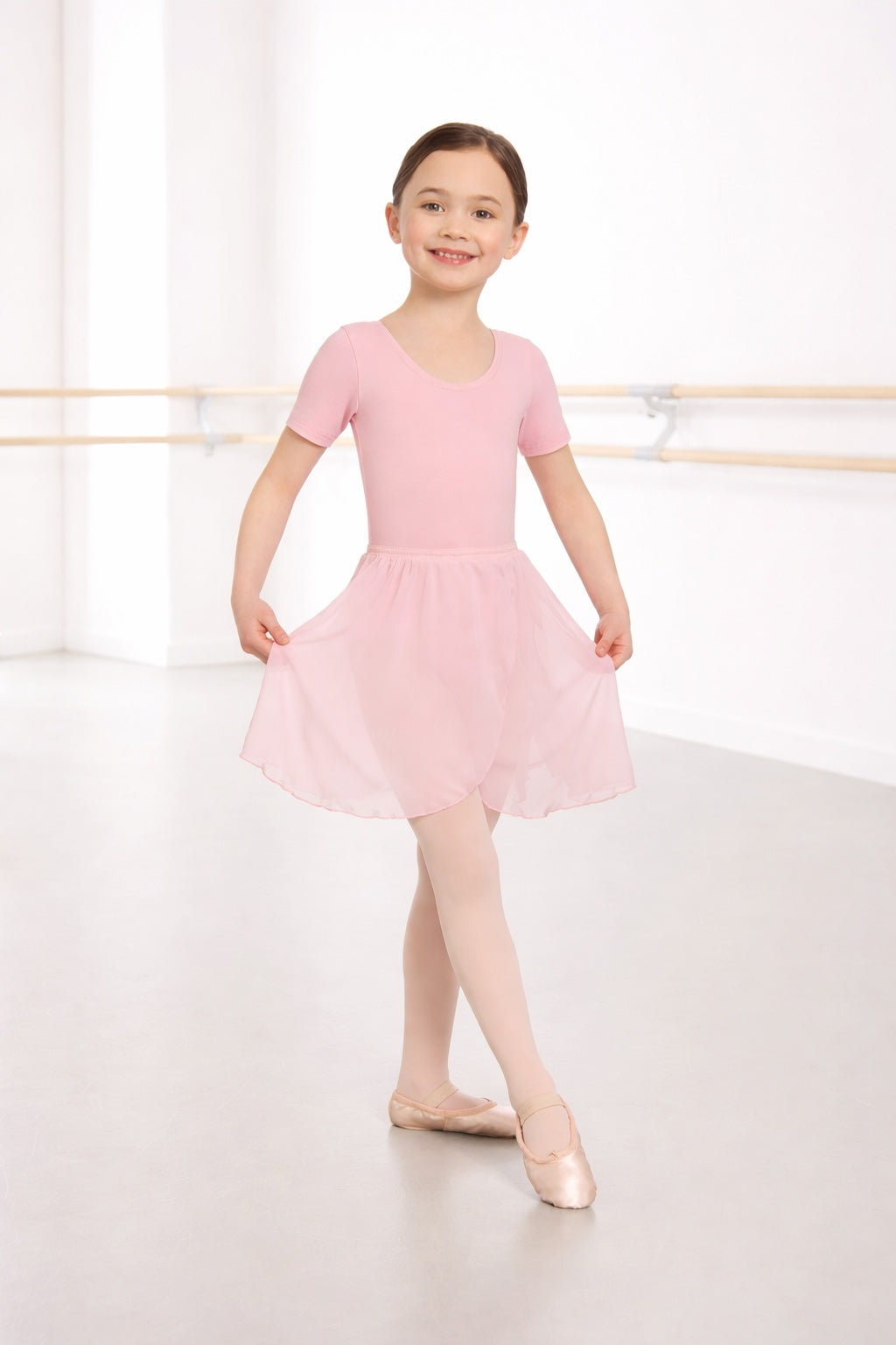Pink ballet wrap skirt girls chiffon worn in studio with elastic waistband
