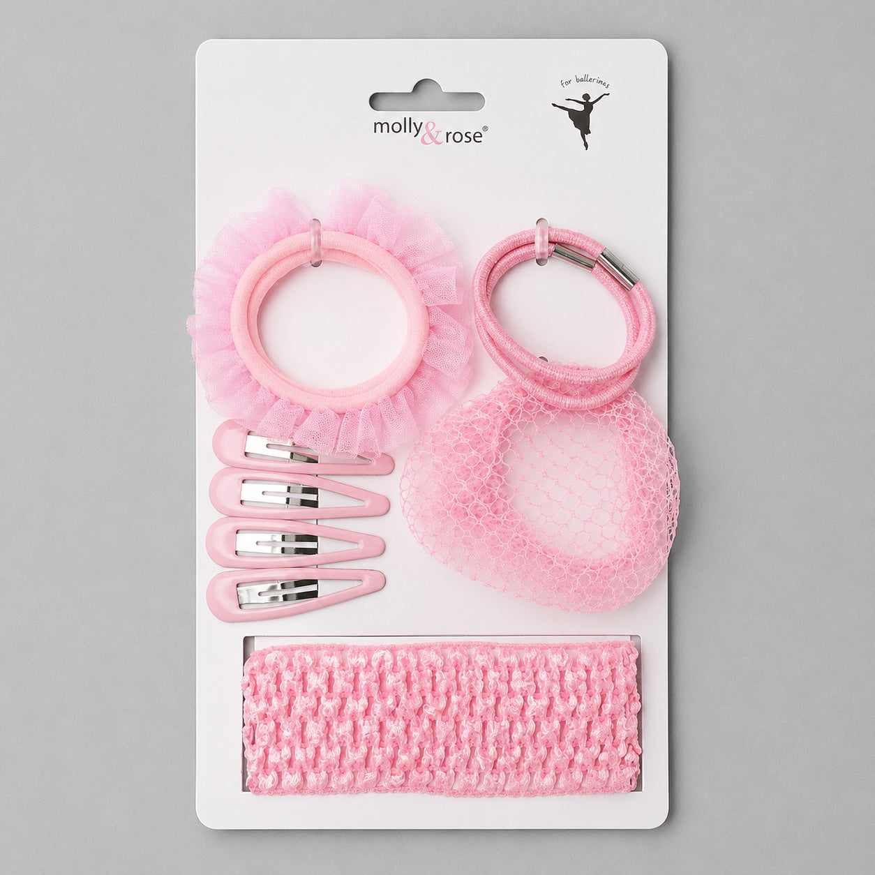 Girls pink ballet hair accessory set with bun net, clips, elastics and headband by Molly & Rose on light grey background