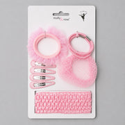 Girls pink ballet hair accessory set with bun net, clips, elastics and headband by Molly & Rose on light grey background