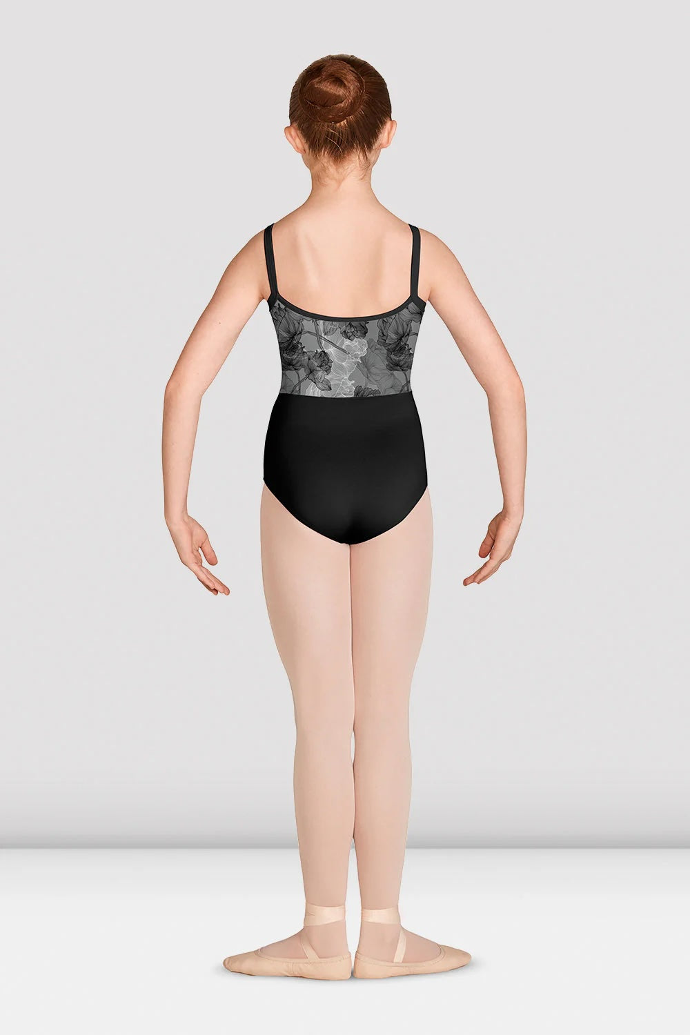 Girls ballet leotard by Mirella with jasmine floral print back view worn
