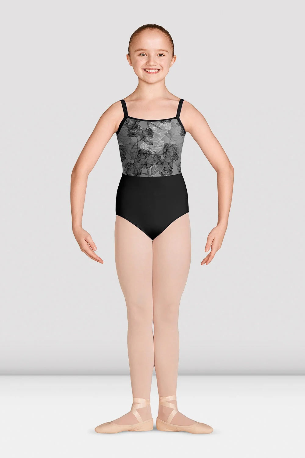 Girls ballet leotard by Mirella with jasmine floral print front view worn