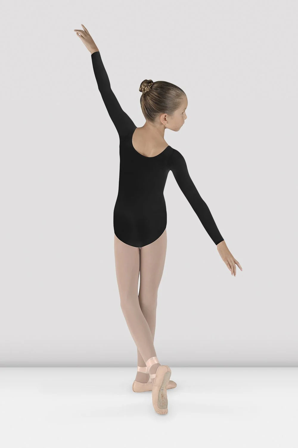 girls black dance leotard long sleeve back view worn