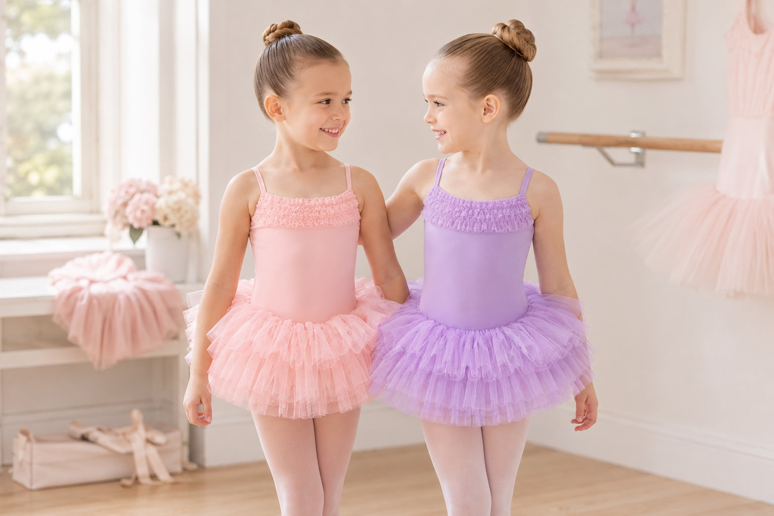 Girls wearing Bloch Desdemona tutu leotards in pink and lilac during ballet class
